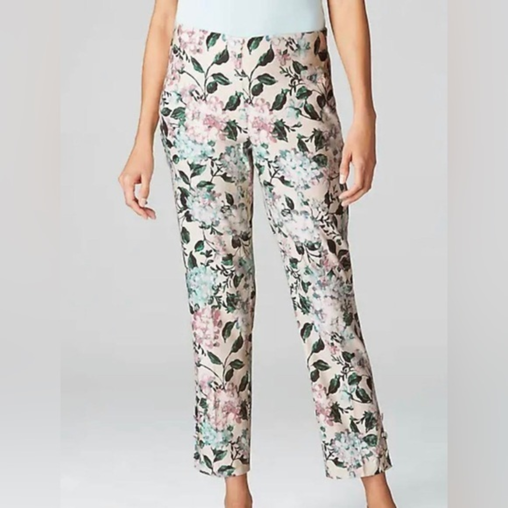 J. Jill 100% Linen Floral Cropped Ankle Pants sz M Petite Button Hem‎ Flat Front